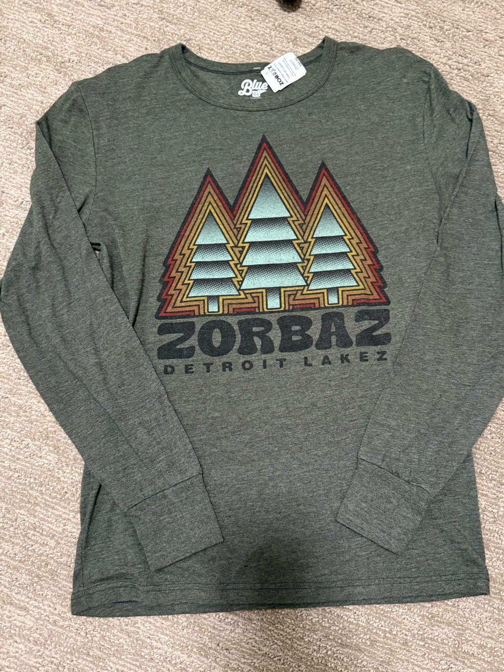 Blue 84 Olive Green Long-Sleeve Graphic Tee with Retro Tree Design